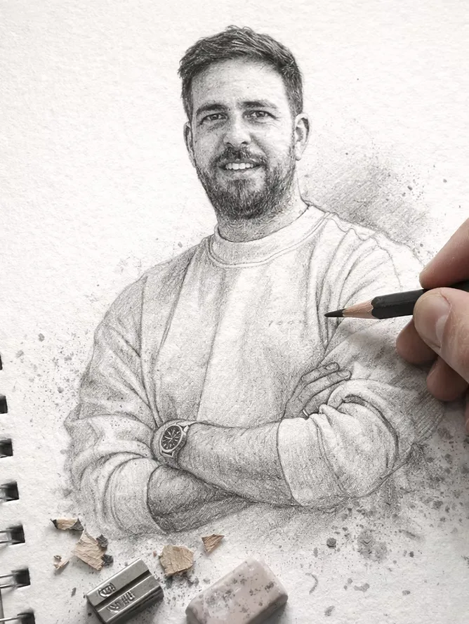 Omer Mayost, pencil sketch on a notebook