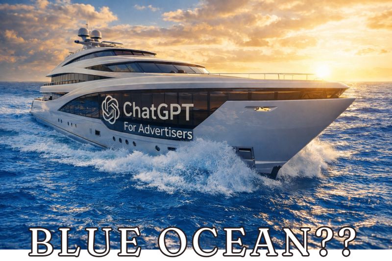 גרפיקת ChatGPT for Advertisers על רקע יאכטה בים, עם הכיתוב Blue Ocean