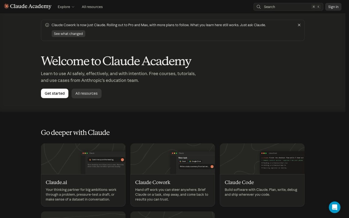 צילום מסך של עמוד הבית של Claude Academy