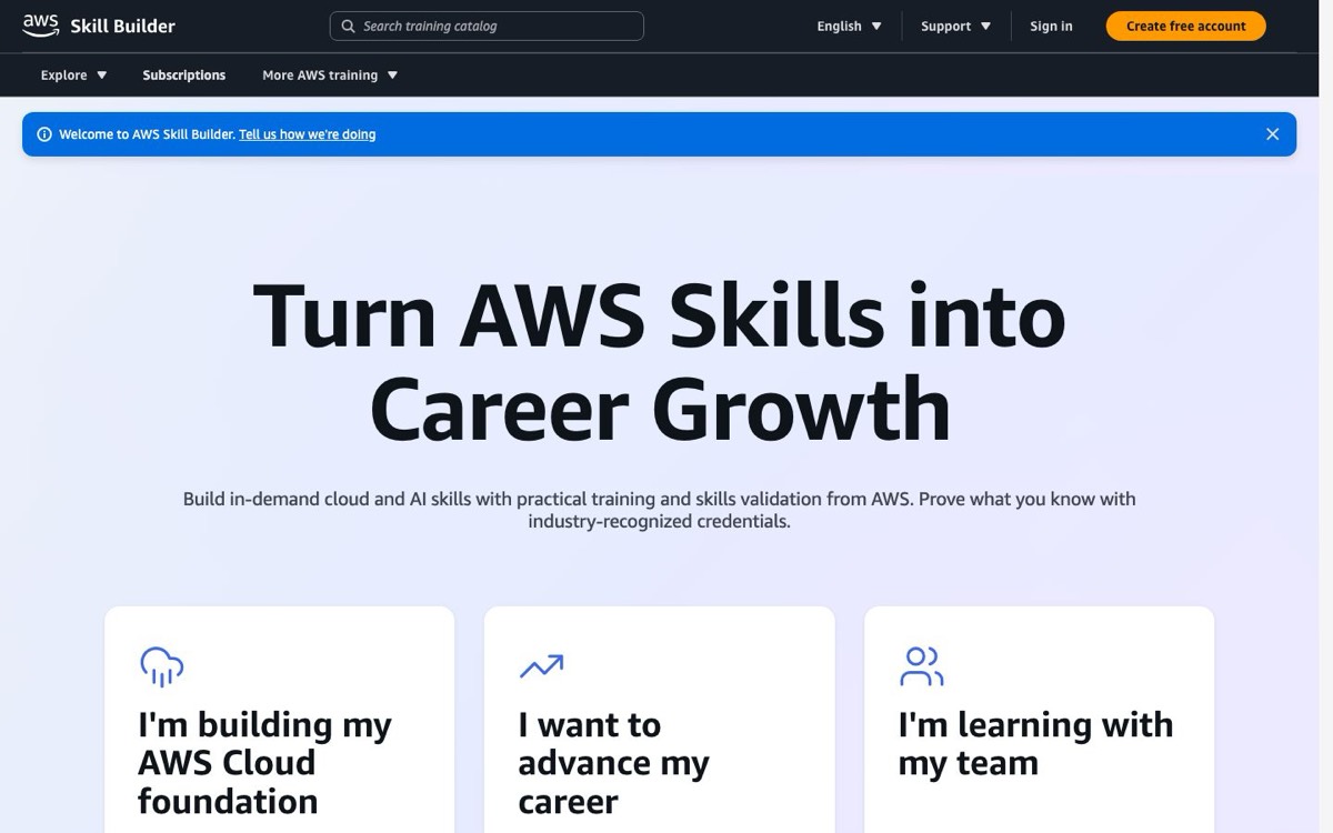 צילום מסך של עמוד הבית של AWS Skill Builder