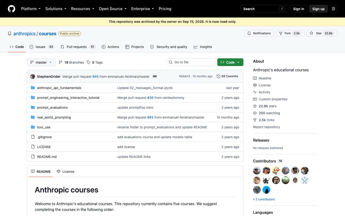 צילום מסך של anthropics/courses (GitHub)