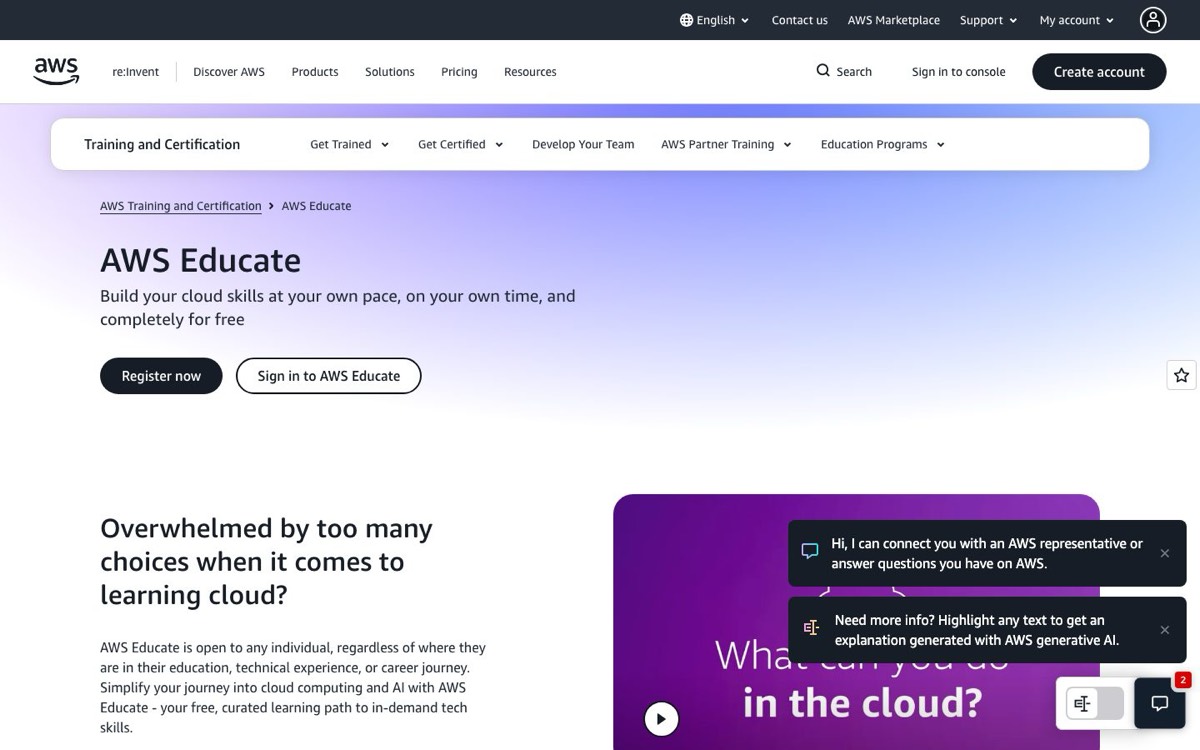 צילום מסך של AWS Educate
