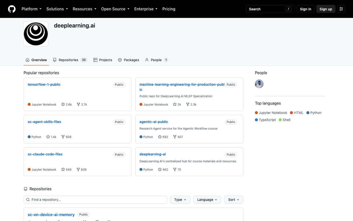 צילום מסך של DeepLearning.AI on GitHub