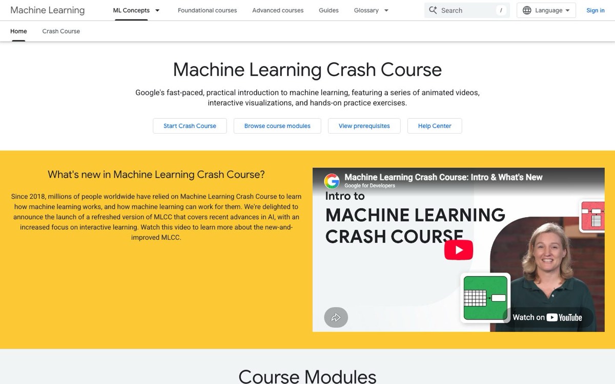 צילום מסך של Machine Learning Crash Course