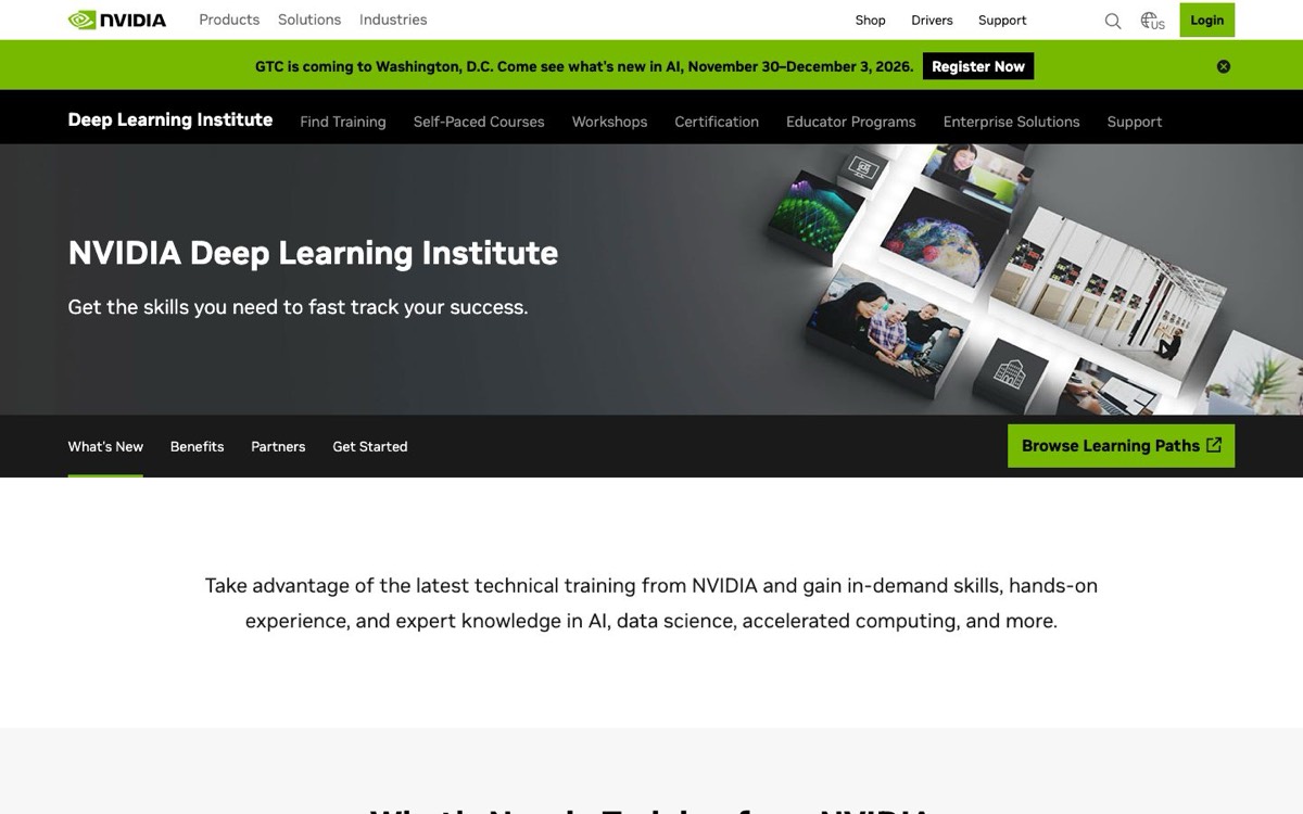 צילום מסך של עמוד הבית של NVIDIA Deep Learning Institute