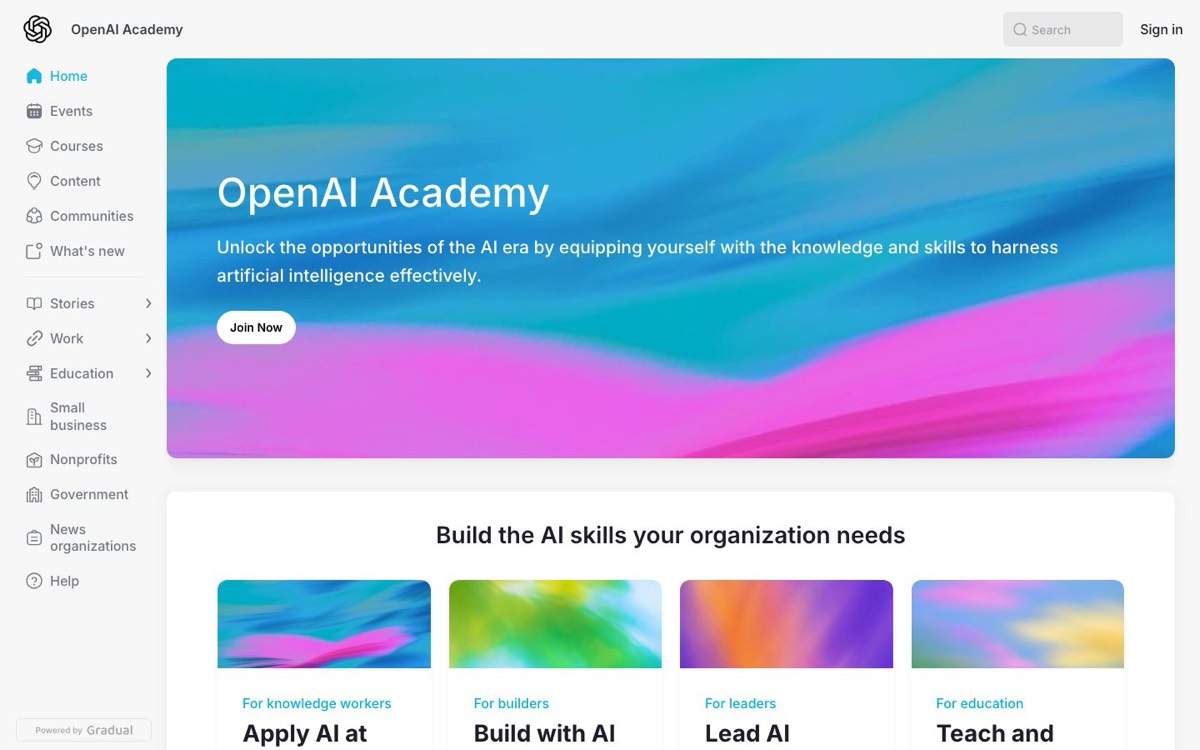 צילום מסך של עמוד הבית של OpenAI Academy
